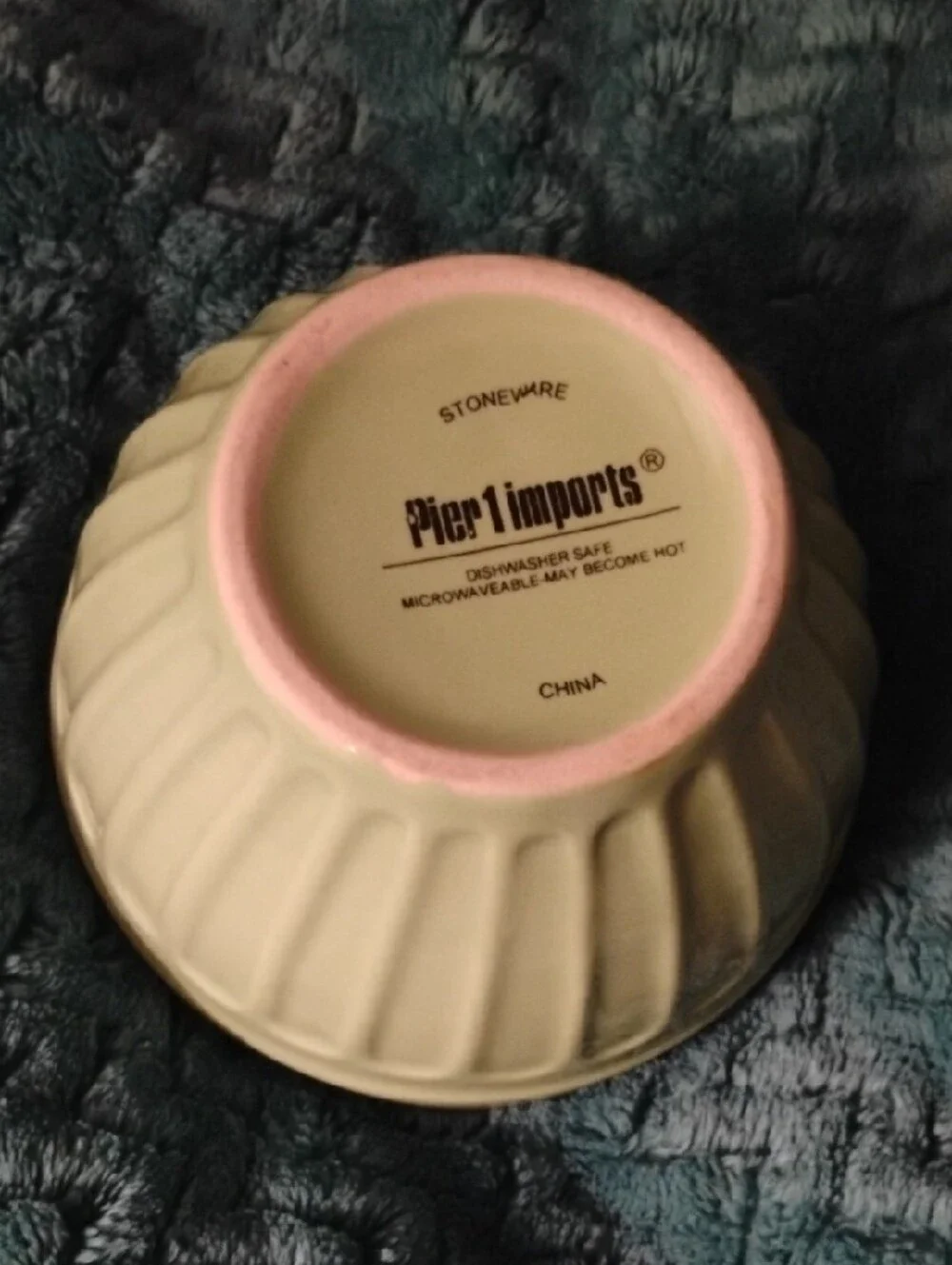 Pier 1 Imports Ribbed Stoneware Bowl in Pale Peach with Lavender Rim